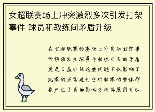 女超联赛场上冲突激烈多次引发打架事件 球员和教练间矛盾升级